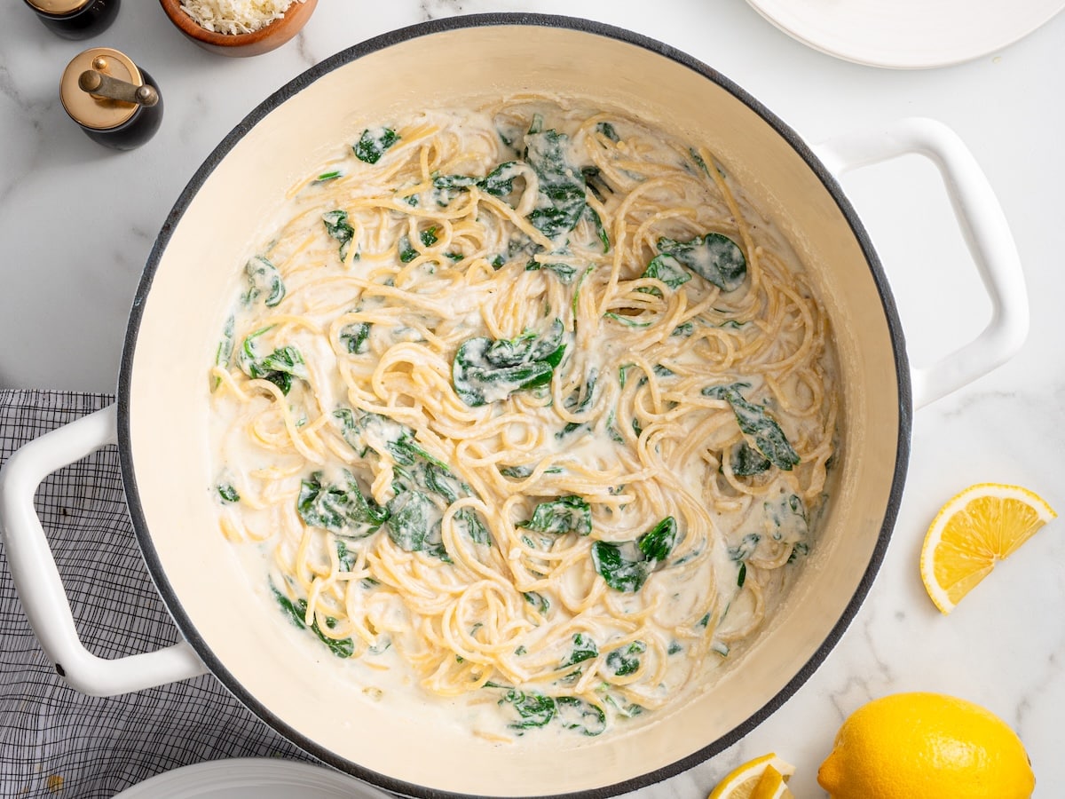Finished one pot lemon ricotta pasta with spinach, tossed together in the pot and ready to serve