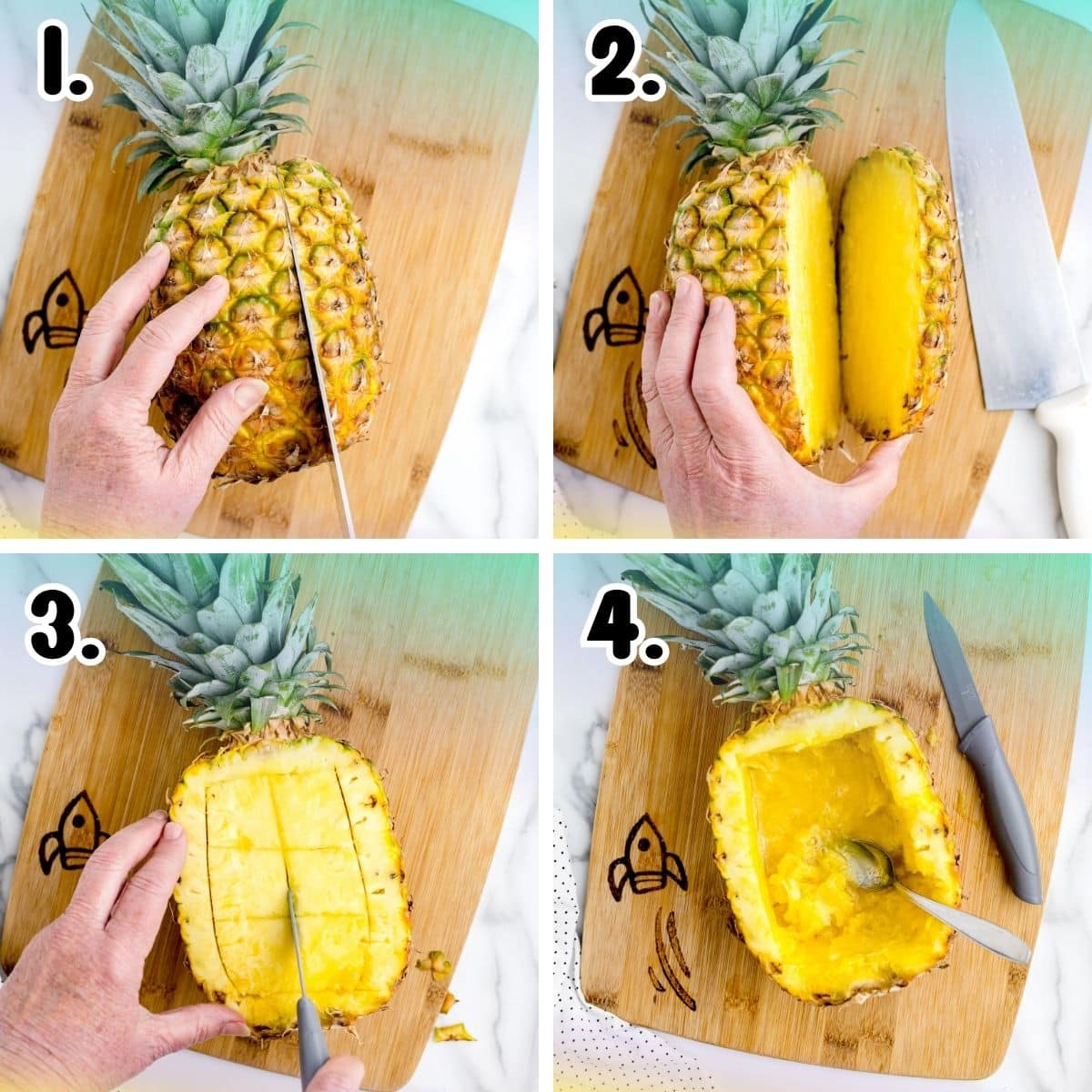 4-step collage showing how to cut and prepare a fresh pineapple by slicing off the sides, scoring the fruit into cubes, and scooping the pineapple pieces from the shell.