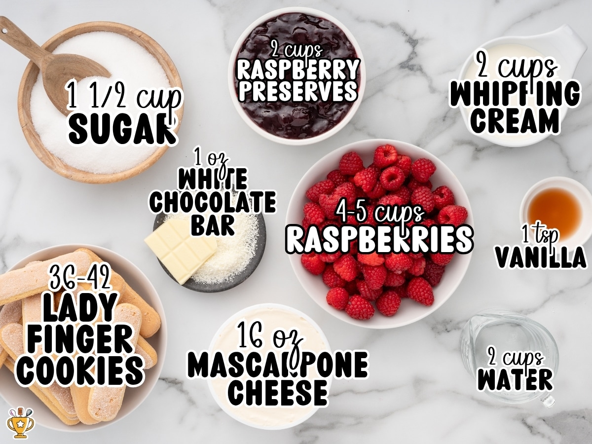 Ingredient photo for Raspberry Tiramisu featuring labeled amounts of sugar, raspberry preserves, whipping cream, vanilla extract, fresh raspberries, white chocolate, ladyfinger cookies, mascarpone cheese, and water. Text on image includes: "1 ½ cup Sugar," "2 cups Raspberry Preserves," "2 cups Whipping Cream," "1 tsp Vanilla," "4-5 cups Raspberries," "1 oz White Chocolate Bar," "36-42 Lady Finger Cookies," "16 oz Mascarpone Cheese," and "2 cups Water."