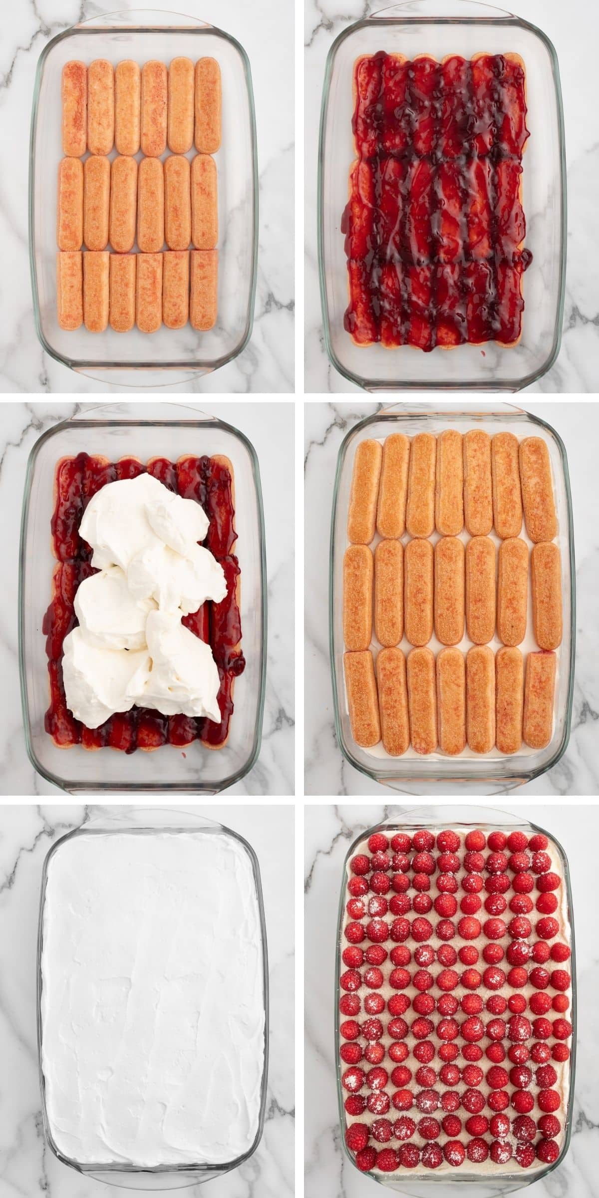 Step-by-step collage showing the assembly of raspberry tiramisu, including layers of raspberry-soaked ladyfingers, raspberry sauce, mascarpone cream, a second ladyfinger layer, smooth cream topping, and a final garnish of fresh raspberries and coconut.