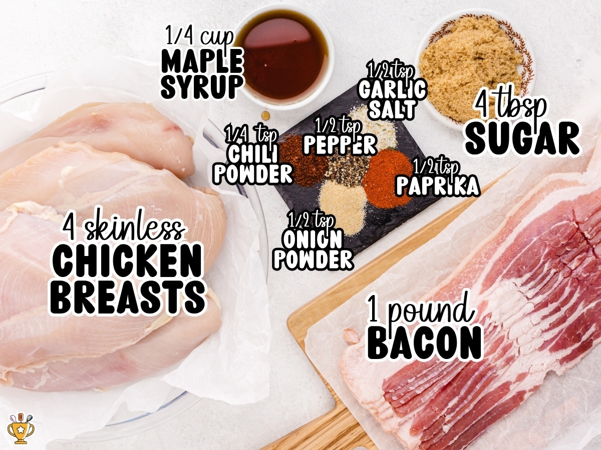 Ingredients for Bacon Wrapped Chicken labeled with measurements, including chicken breasts, bacon, maple syrup, brown sugar, paprika, chili powder, garlic salt, onion powder, black pepper, and garlic powder.