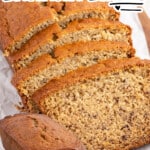 Pinterest graphic featuring thick slices of moist Banana Bread with a golden crust. Text reads, “Moist & Easy Banana Bread” and “My Grandma’s Yummy Recipe!”