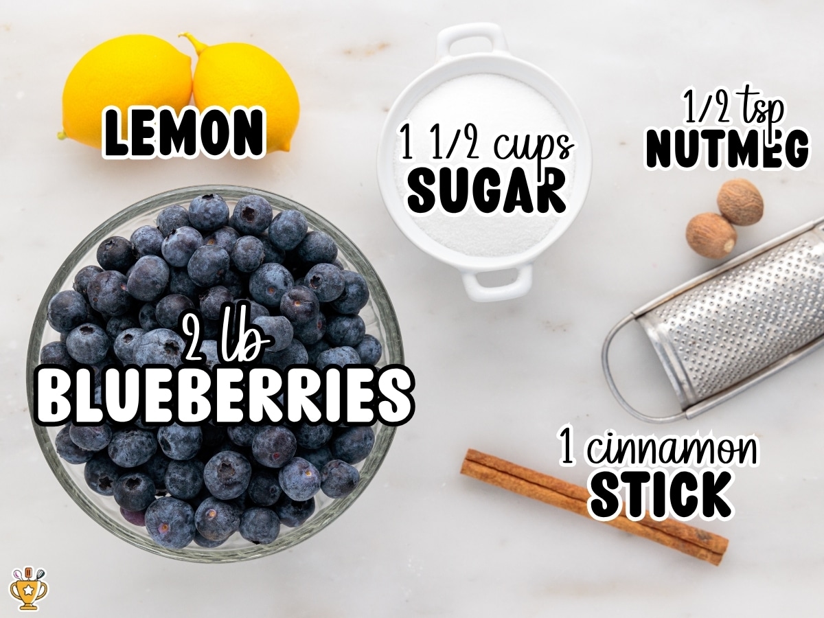 Ingredient collage for homemade Blueberry Butter showing fresh blueberries, lemons, sugar, a cinnamon stick, whole nutmeg with grater, and text listing: "2 lb Blueberries," "Lemon," "1 ½ cups Sugar," "1 cinnamon Stick," and "½ tsp Nutmeg."