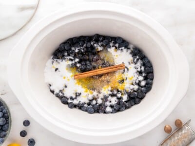 Ingredients for homemade Blueberry Butter layered in a slow cooker, including fresh blueberries, granulated sugar, lemon zest and juice, a cinnamon stick, and ground nutmeg before cooking.