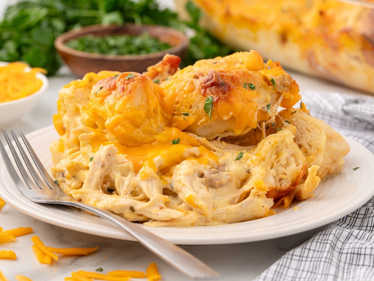 Serving of Chicken Bubble Biscuit Bake on a white plate with creamy shredded chicken, fluffy biscuits, melted cheddar cheese, and parsley, with the casserole dish in the background.
