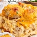 Pinterest graphic featuring a close-up of cheesy Chicken Bubble Biscuit Bake and a smaller image of the casserole dish. Text reads “Chicken Bubble Biscuit Bake” and “Ready in just 40 minutes!!”