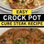 Vertical recipe graphic showing Crock Pot Cube Steak served with mashed potatoes and the finished dish inside a slow cooker. Text reads “Easy Crock Pot Cube Steak Recipe” and “For Weeknight Dinner!”