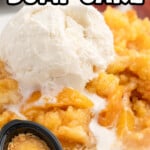 Pinterest graphic for Crockpot Peach Dump Cake showing peach dump cake topped with vanilla ice cream and an inset photo of the dessert in a slow cooker. Text reads "Crockpot Peach DUMP CAKE" and "Just Dump AND GO RECIPE!"