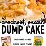Pinterest graphic for Crockpot Peach Dump Cake featuring warm peach dump cake topped with vanilla ice cream. Text reads "crockpot peach DUMP CAKE" with the ingredient list: 29 oz canned peaches, 15.25 oz canned peaches, 15.25 oz yellow cake mix, 16 tbsp salted butter, ⅛ tsp ground nutmeg, and "Find More Recipes at TheBestBlogRecipes.com."