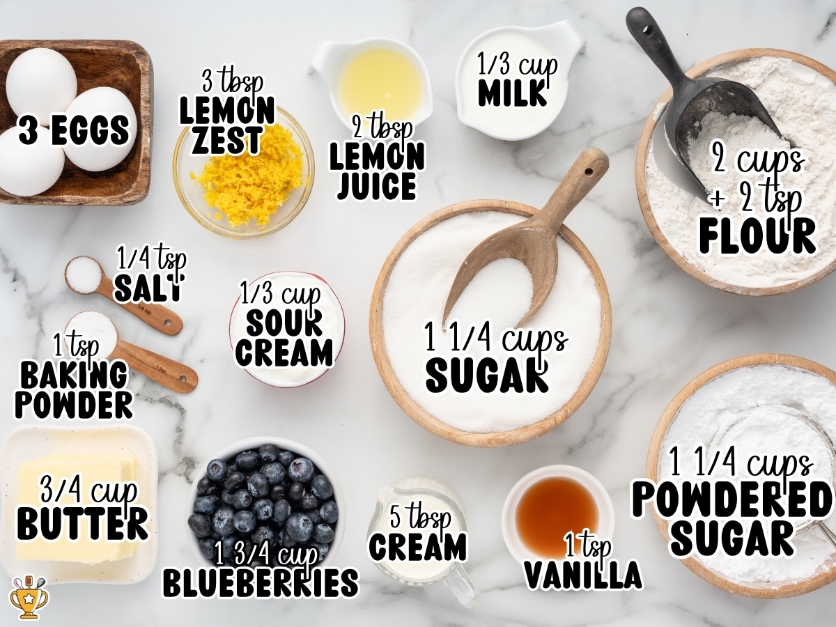 Ingredients for Lemon Blueberry Pound Cake arranged on a marble surface with labeled measurements, including eggs, flour, sugar, butter, blueberries, lemon zest, lemon juice, sour cream, milk, vanilla, baking powder, salt, powdered sugar, and heavy cream.