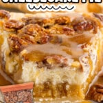 Close-up Pinterest graphic of a layered Pecan Cheesecake Pie with creamy cheesecake, gooey pecan filling, caramel sauce, and a Kirkland pecans bag. Text reads “Easy Pecan Cheesecake Pie” and “So Easy to Make at Home!”