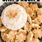 Pinterest graphic featuring cinnamon-sugar pie crust chips with creamy cinnamon dip and a Pillsbury pie crust package. Text reads “Pie Crust Chips Recipe” and “With Yummy Cinnamon Dip.”