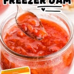 Pinterest image of homemade Strawberry Freezer Jam in a glass jar with a spoonful lifted above the jam, featuring the text "Strawberry Freezer Jam," "Made with 4 Ingredients!," and a Sure-Jell fruit pectin box.