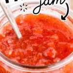 Pinterest graphic for Strawberry Freezer Jam featuring a jar of chunky homemade strawberry jam with the text "Strawberry Freezer Jam" and "Made with 4 Ingredients!"