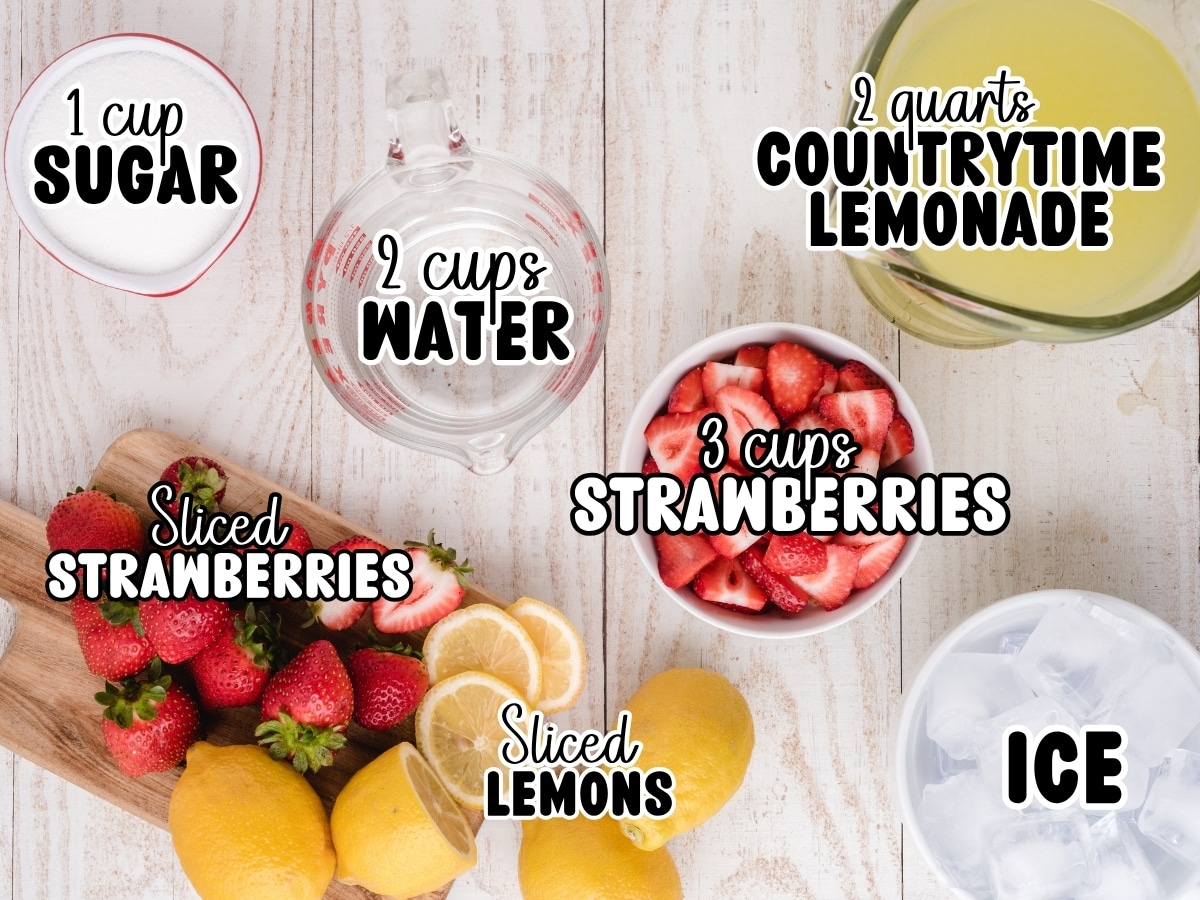 Ingredients for Strawberry Lemonade labeled with text: 1 cup sugar, 2 cups water, 2 quarts Country Time lemonade, 3 cups strawberries, sliced strawberries, sliced lemons, and ice.