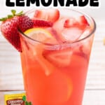 Pinterest graphic featuring a glass of Strawberry Lemonade garnished with a fresh strawberry. Text reads: "Strawberry Lemonade" and "Bright and Refreshing!" with a Country Time Lemonade container and the Best Blog Recipes logo.