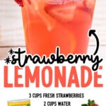 Pinterest recipe graphic for Strawberry Lemonade with a glass of pink lemonade, fresh strawberries, lemon slices, and ice. Text reads: "Strawberry Lemonade," followed by the ingredients "3 cups fresh strawberries, 2 cups water, 1 cup granulated sugar, Country Time Lemonade, sliced lemon, sliced strawberries, ice cubes," and "Find more recipes at thebestblogrecipes.com."