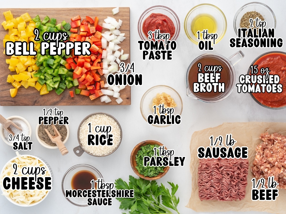 Ingredients for Stuffed Pepper Casserole arranged on a countertop with text labels showing 2 cups bell pepper, ¾ onion, 3 tablespoons tomato paste, 1 tablespoon oil, 2 teaspoons Italian seasoning, 2 cups beef broth, 15 ounces crushed tomatoes, 1 tablespoon garlic, 1 cup rice, 1 tablespoon parsley, ½ pound sausage, ½ pound ground beef, 2 cups cheese, 1 tablespoon Worcestershire sauce, ¾ teaspoon salt, and ½ teaspoon pepper.
