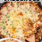 Pinterest graphic for Stuffed Pepper Casserole showing a skillet of cheesy stuffed pepper casserole and a plated serving. Text reads: "Stuffed Pepper Casserole" and "Ready in just 40 Mins!"