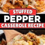 Pinterest graphic for Stuffed Pepper Casserole Recipe featuring cheesy ground beef, rice, and bell pepper casserole with a wooden spoon lifting a serving. Text reads: "Stuffed Pepper Casserole Recipe" and "Ready in Just 40 Mins!"