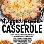 Pinterest recipe graphic for Stuffed Pepper Casserole featuring a cheesy skillet casserole, plated servings, and a complete ingredients list. Text includes "Stuffed Pepper Casserole," ingredient amounts, and "Find More Recipes at TheBestBlogRecipes.com."