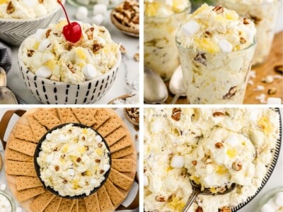 Four ways to serve pineapple fluff: in a bowl topped with a cherry, in individual glass cups, as a dip with graham crackers, and scooped onto a plate