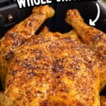Pinterest graphic featuring a golden, seasoned Air Fryer Whole Chicken in the air fryer basket with an air fryer illustration and text reading “Try This Air Fryer Whole Chicken” and “So Juicy & Delicious.”