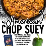 Pinterest graphic for American Chop Suey showing cheesy ground beef and elbow macaroni in a cast-iron skillet. Text reads &ldquo;American Chop Suey&rdquo; with ingredients including Monterey Jack cheese, black pepper, tomato pasta sauce, petite diced tomatoes, Italian seasoning, beef bouillon, seasoned salt, yellow onion, garlic, water, garlic powder, onion powder, bay leaves, elbow macaroni, cheddar cheese, and ground beef, plus &ldquo;Find more recipes at thebestblogrecipes.com.&rdquo;