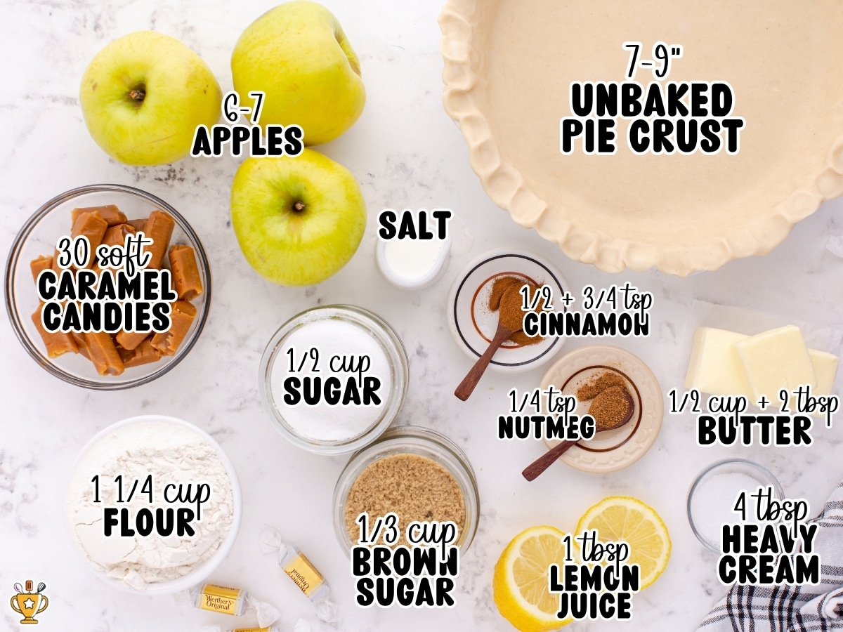 Overhead ingredient display for Caramel Apple Pie with apples, unbaked pie crust, caramel candies, flour, granulated and brown sugar, butter, heavy cream, lemon juice, cinnamon, nutmeg, and salt, with ingredient amounts labeled on the image.