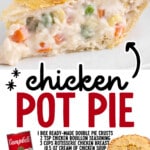 Pinterest recipe graphic featuring a creamy slice of Chicken Pot Pie with chicken, peas, carrots, corn, and a golden crust. Text reads “Chicken Pot Pie,” followed by the ingredient list and “Find more recipes at thebestblogrecipes.com.”