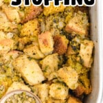 Pinterest graphic showing a close-up of golden Cornbread Stuffing made with cornbread, bread cubes, celery, onion, and herbs. Text reads “Cornbread Stuffing” and “Southern Inspired!”