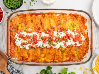 Overhead view of Cream Cheese Chicken Enchiladas baked in a glass casserole dish with melted cheese and red enchilada sauce, topped with sour cream, fresh pico de gallo, and chopped cilantro.
