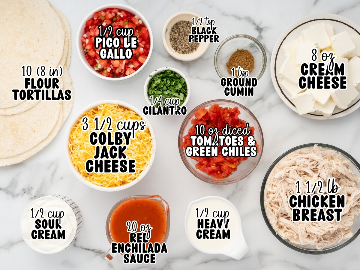 Cream Cheese Chicken Enchiladas ingredients labeled with 10 8-inch flour tortillas, ½ cup pico de gallo, ½ tsp black pepper, 1 tsp ground cumin, 8 oz cream cheese, ¼ cup cilantro, 3 ½ cups Colby Jack cheese, 10 oz diced tomatoes and green chiles, 1 ½ lb chicken breast, ½ cup sour cream, 20 oz red enchilada sauce, and ½ cup heavy cream.