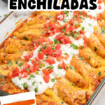 Cream Cheese Chicken Enchiladas in a glass baking dish topped with sour cream, fresh tomatoes, and cilantro. Image text reads “Cream Cheese Chicken Enchiladas” and “Ready in just 50 mins!!” with a Mission Flour Tortillas package shown.