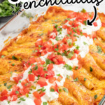 Cream Cheese Chicken Enchiladas baked with melted cheese and red enchilada sauce, topped with sour cream, diced tomatoes, and cilantro. Image text reads “Cream Cheese Chicken Enchiladas” and “easy to make.”